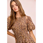 LEOPARD BOW TIE ATTACHABLE PUFF SLEEVES DRESS