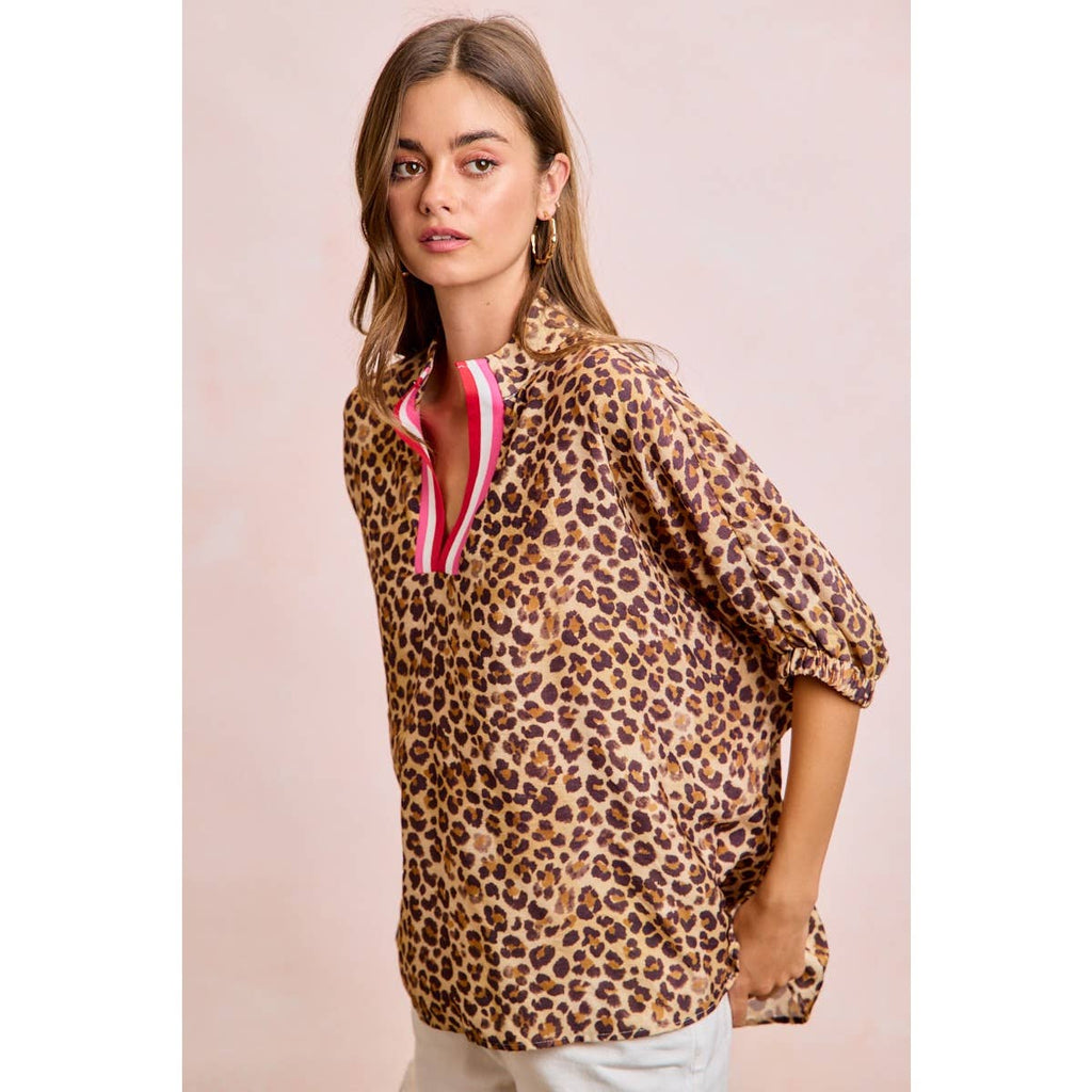 LEOPARD CONTRAST BANDED DOLMAN SLEEVES BLOUSE TOP
