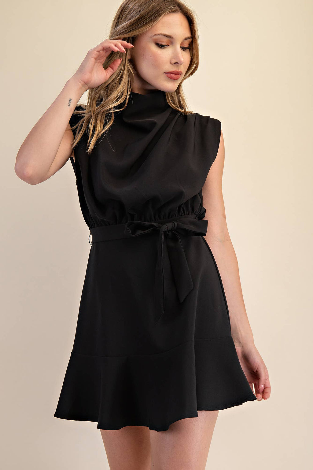 Cowl Neck Sleeveless Waist Tie Mini Dress
