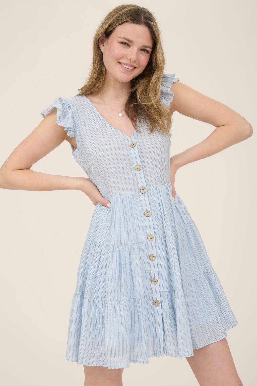STRIPE V NECK BUTTON DOWN TIERED MINI DRESS