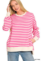 Premium Yarn Dyed Stripe Fleece Hi Low Sweatshirt w/ Pockets