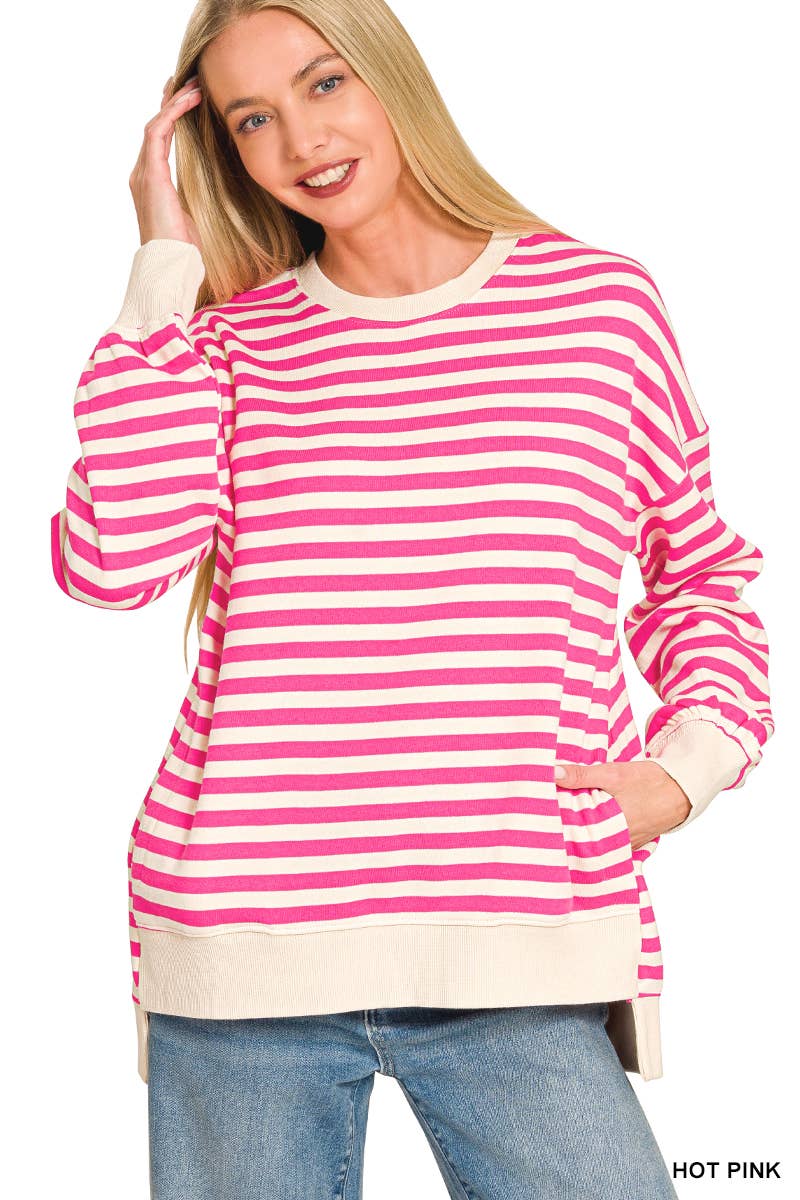 Premium Yarn Dyed Stripe Fleece Hi Low Sweatshirt w/ Pockets
