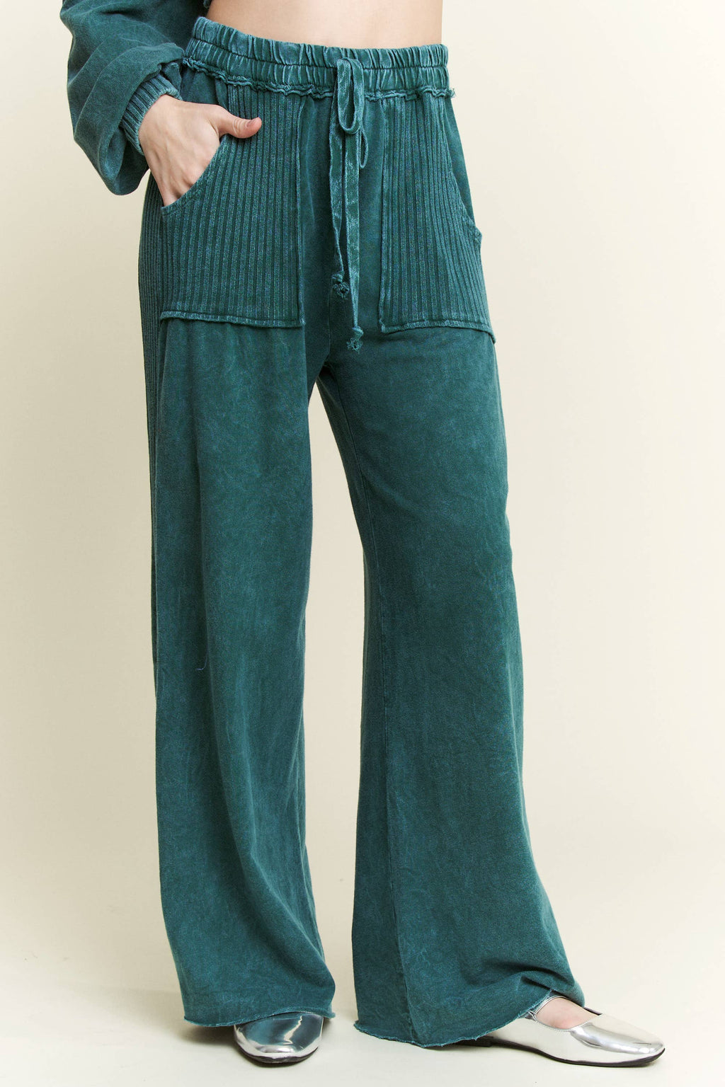 Mineral Wash Side Knit detail wide leg pants HE5878P