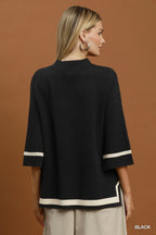 Contrast Trim Mock Neck 3/4 Sleeve Knit Top