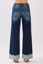 P1554W-DK HIGH RISE STRETCH WIDE LEG W/ CUFFED HEM JEANS