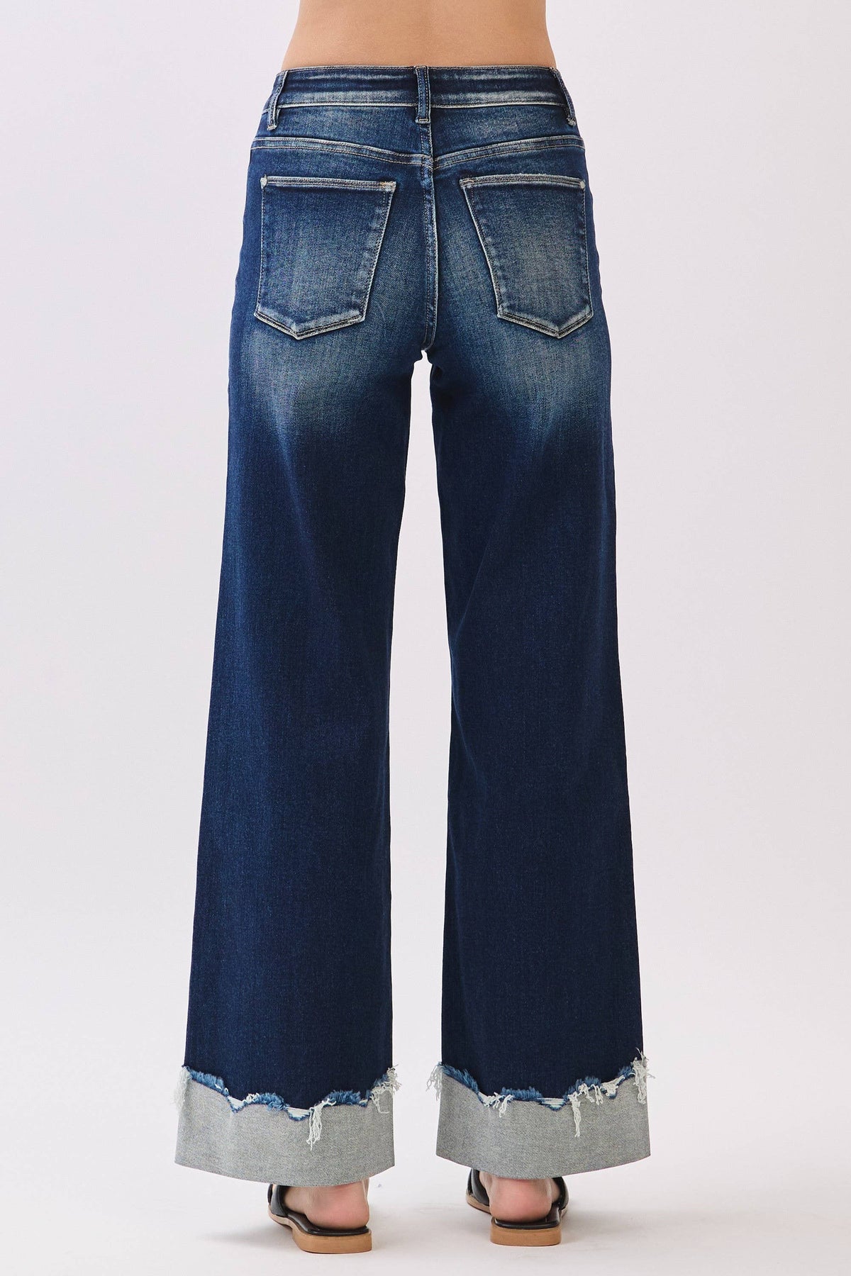 P1554W-DK HIGH RISE STRETCH WIDE LEG W/ CUFFED HEM JEANS