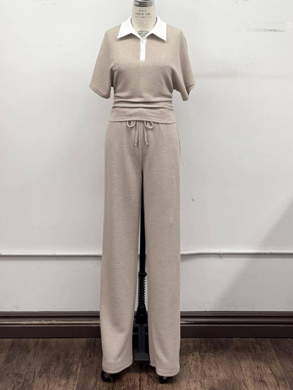 Textured Polo Lounge Top & Wide-Leg Pant Set