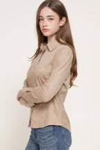 Long Sleeve Button Down Stretch Faux Suede Shirt