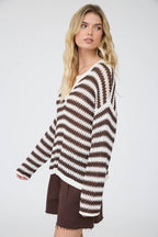 STRIPE RAW EDGE SPLIT NECK SHEER KNIT SWEATER