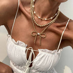 MULTILAYER BALL CHAIN BEAD PEARL BOW NECKLACE | 40NK9455