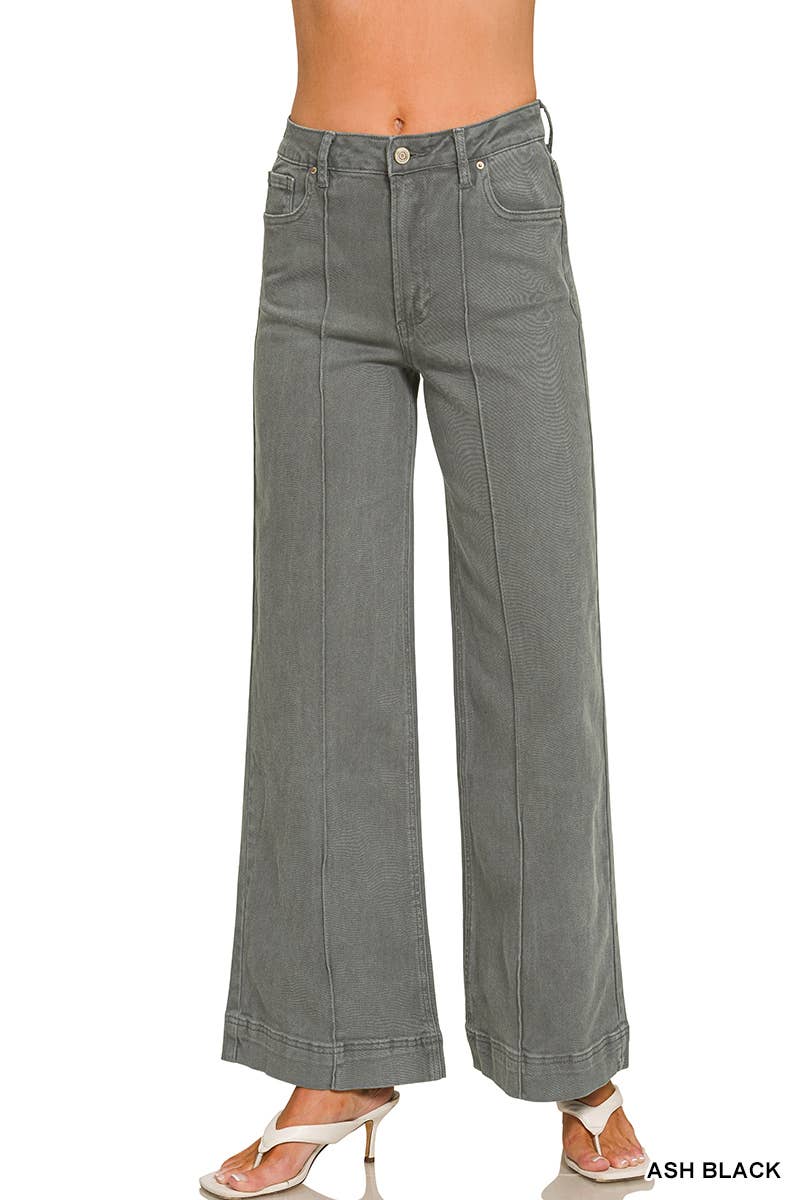 High Rise Wide Leg Pintuck Color Denim Pants