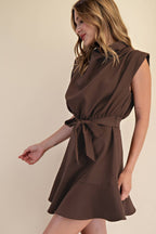 Cowl Neck Sleeveless Waist Tie Mini Dress