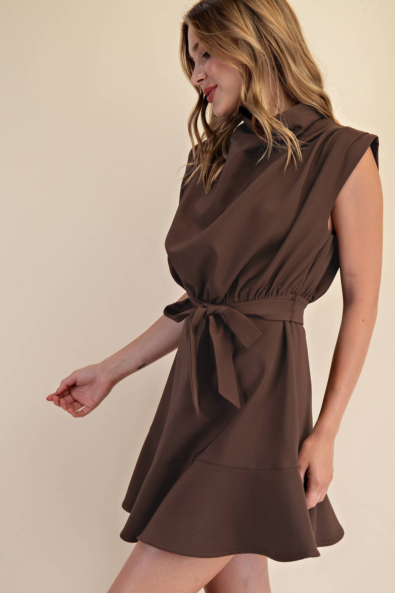 Cowl Neck Sleeveless Waist Tie Mini Dress