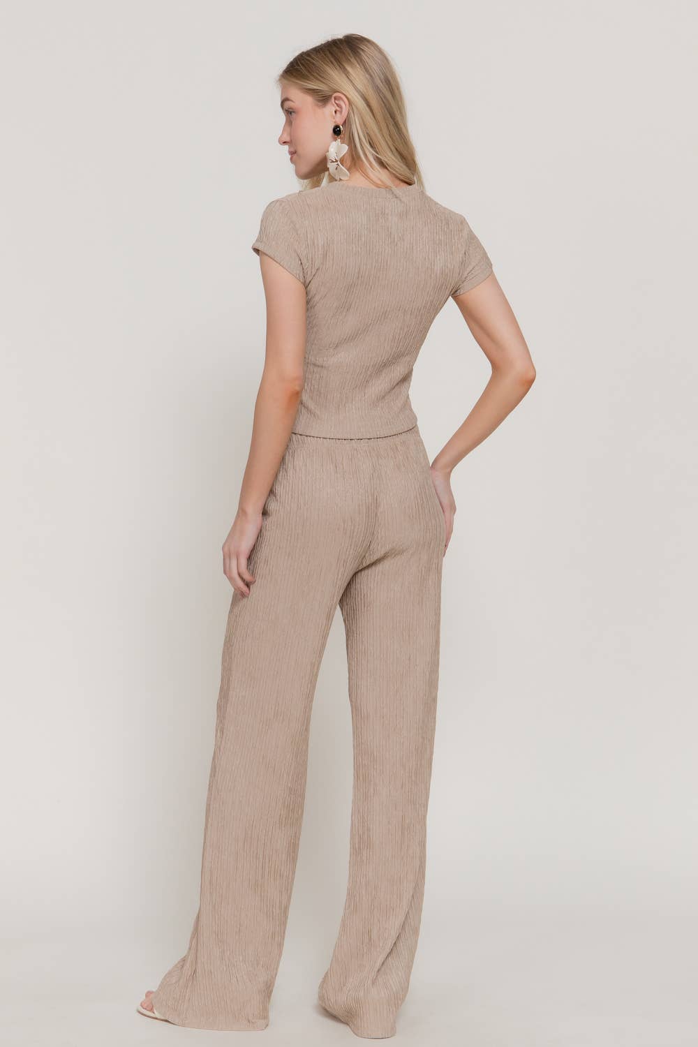 Short Sleeve Crew Neck Top & Waist Band Flare Pants Set