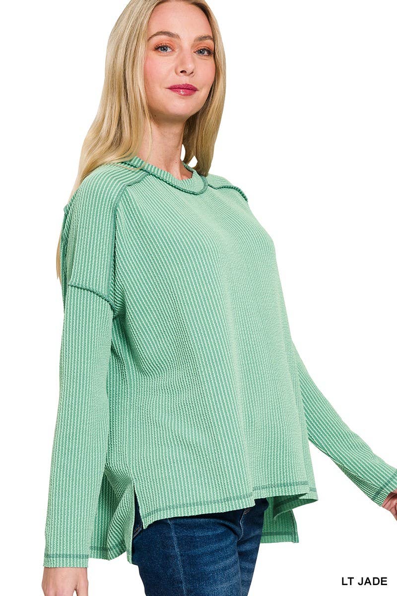 Raised Rib Raw Edge Boat Neck Long Sleeve Top