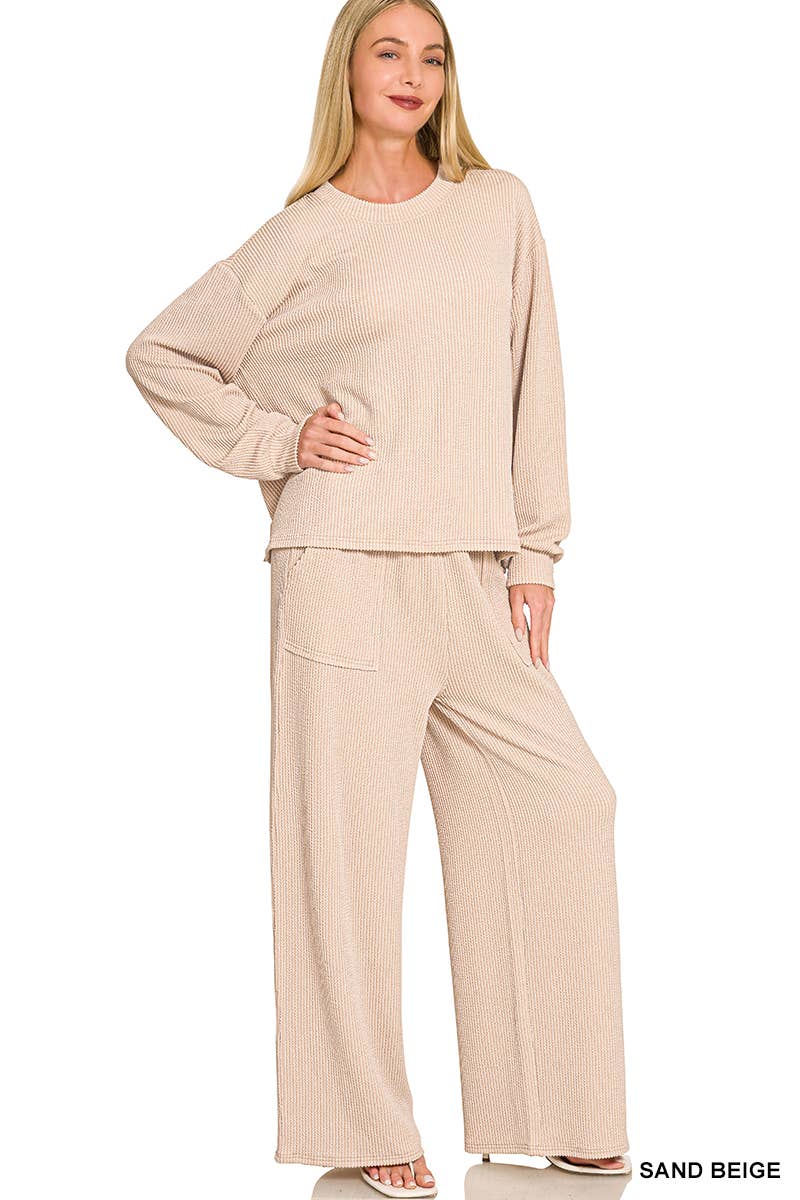Raised Rib Round Neck Pullover & Pants 2PC Set