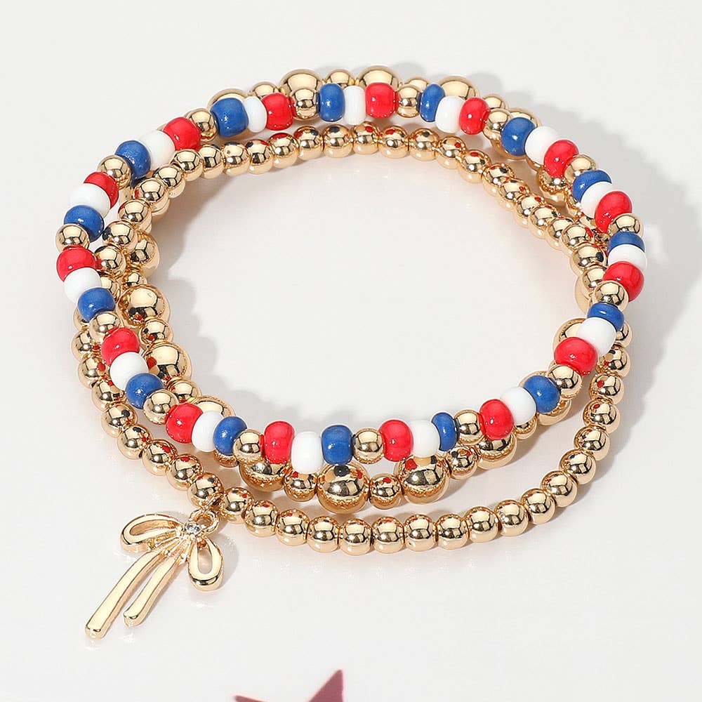 3PCS - Bow Charm Patriotic Beads Metal Ball Beaded Stretch Multi Layered Bracelets