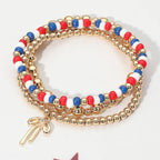 3PCS - Bow Charm Patriotic Beads Metal Ball Beaded Stretch Multi Layered Bracelets