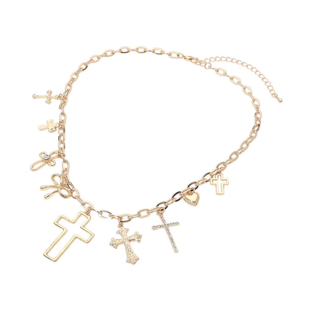Cross Bow Heart Charm Station Necklace