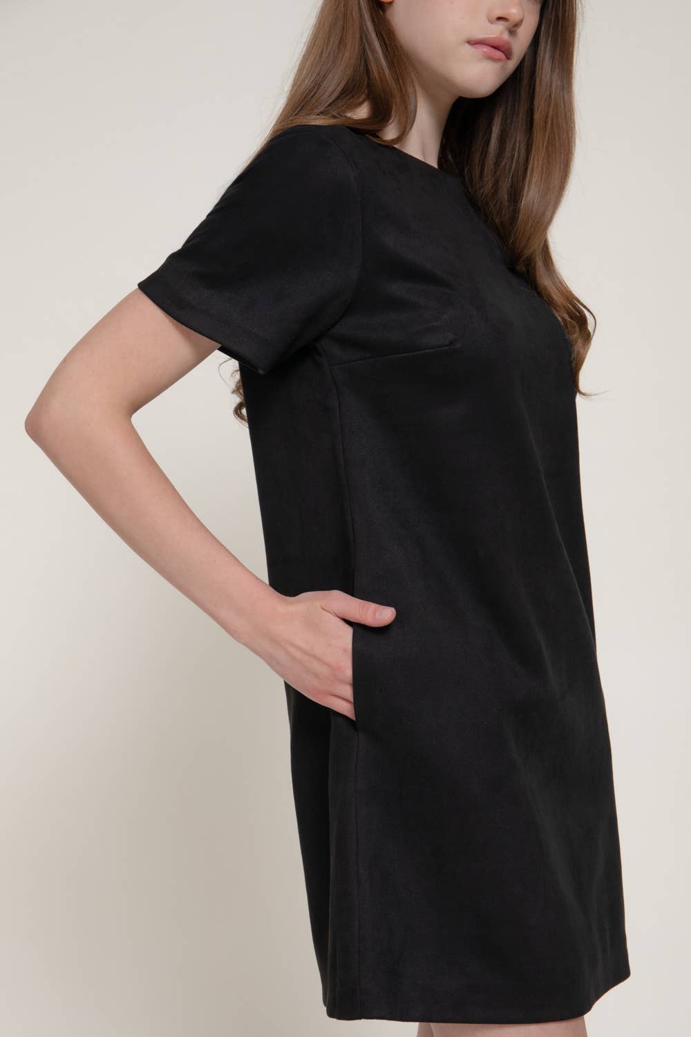 Short Sleeve Round Neck Semi A-Line Faux Suede Mini Dress