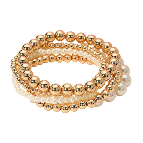 5PCS - Pearl Metal Ball Beaded Stretch Multi Layered Bracelets