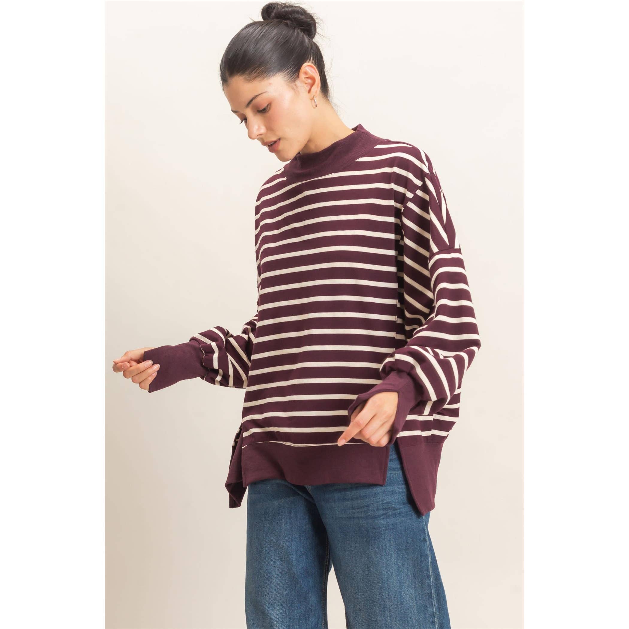 Striped Mock Neck Sweatshirt