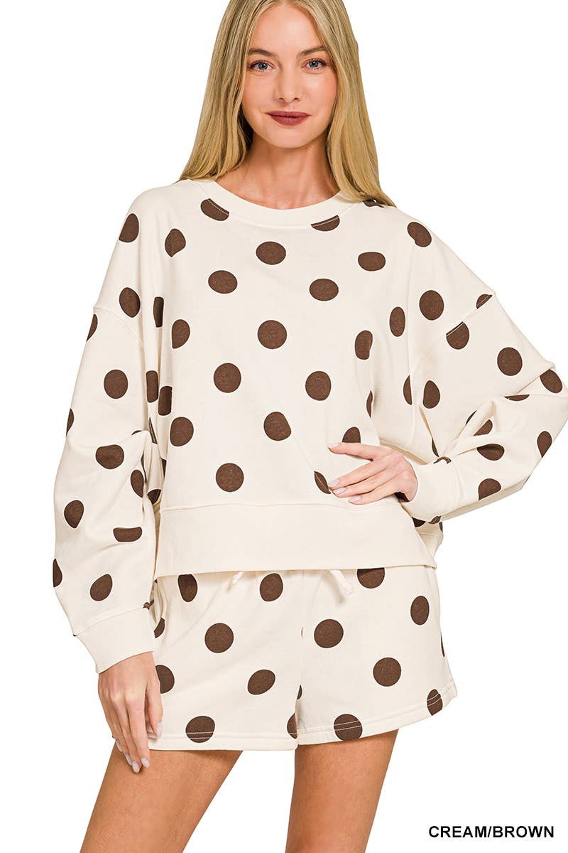 Fleece Polka Dot Print Round Neck Pullover And Shorts Set