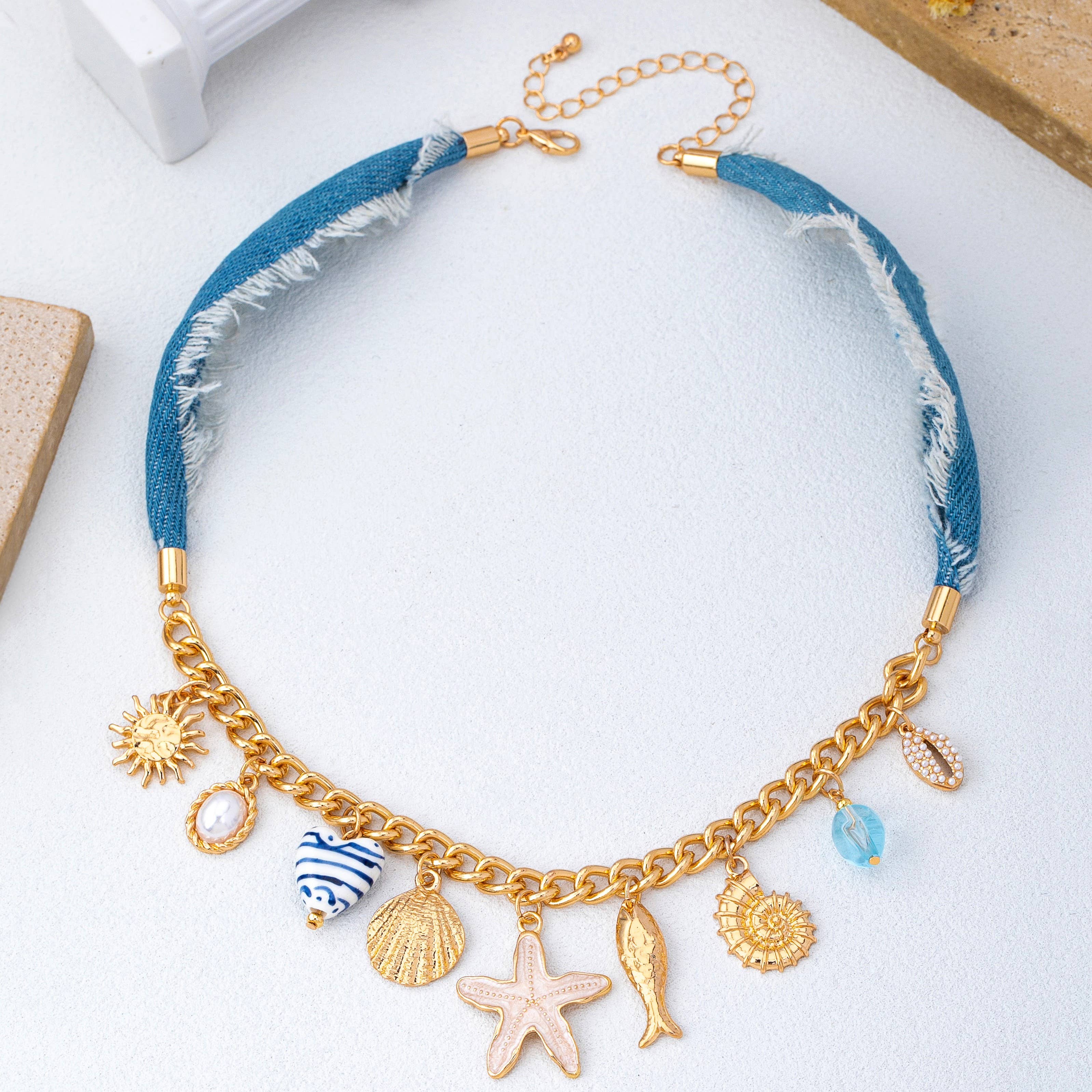Sea Life Multi Charm- Boho Coastal Denim Necklace | 80N93111