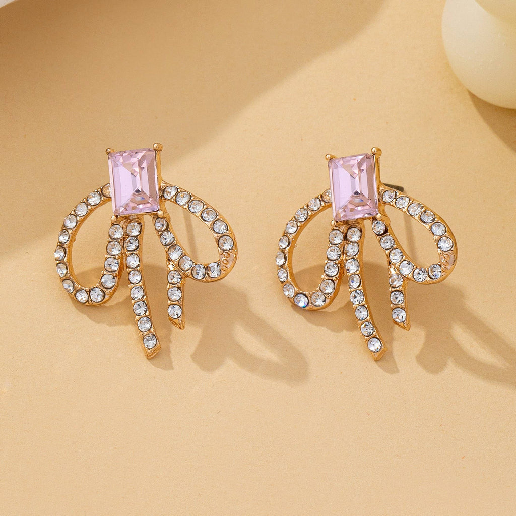 Emerald-Cut Pink Crystal Rhinestone Bow Earrings | 80E62598