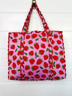 Quilted Tote Bag | Pink Strawberry Bag | Large Shopping Tote