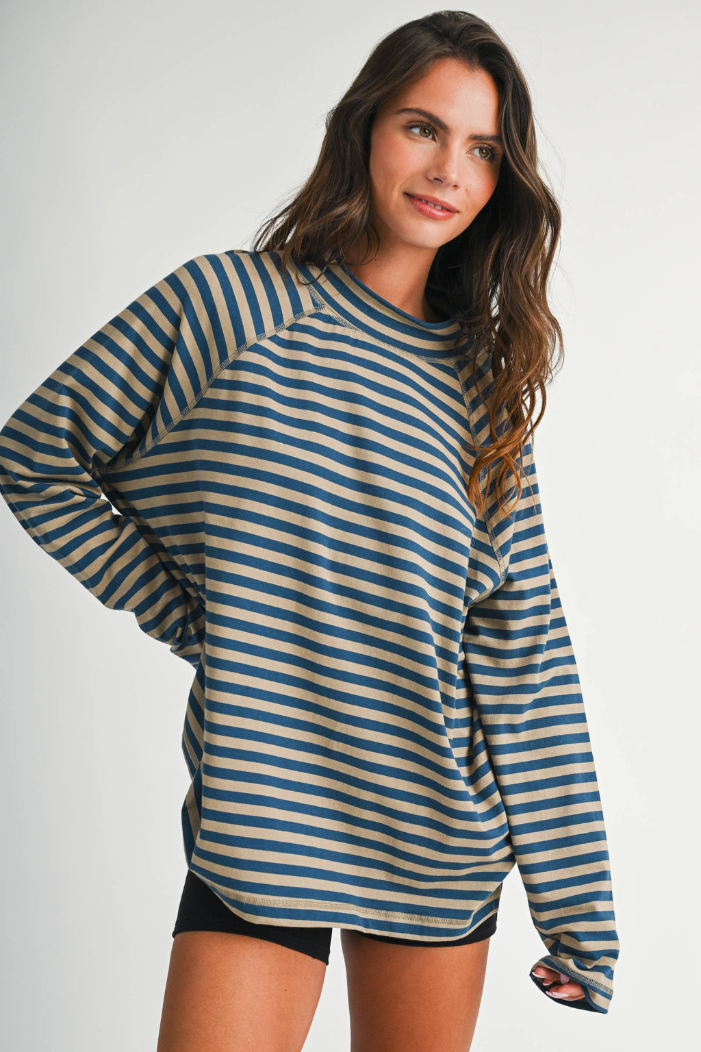 8645IN Mock Neck Yarn-Dyed Striped Oversized Long Sleeve Tee