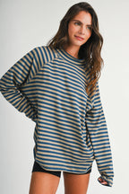 8645IN Mock Neck Yarn-Dyed Striped Oversized Long Sleeve Tee