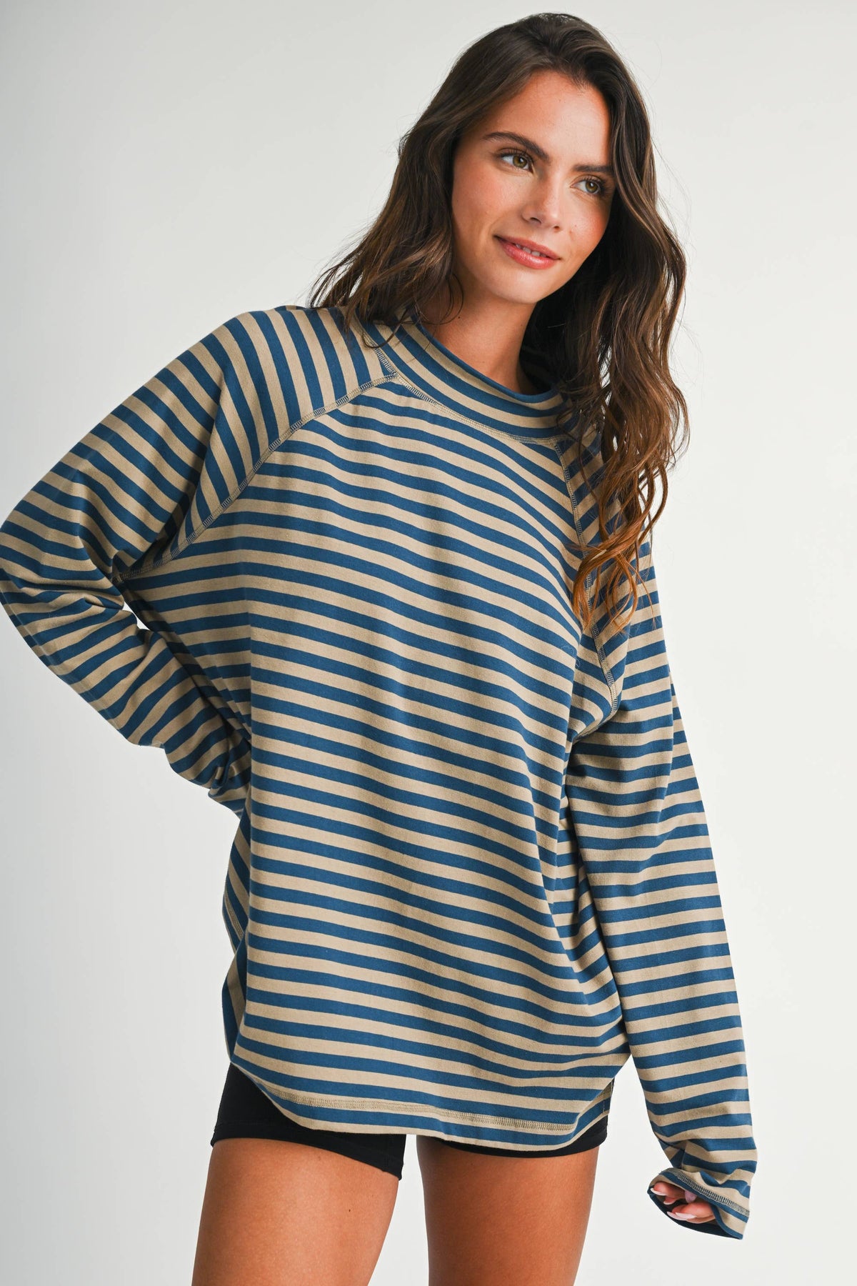 8645IN Mock Neck Yarn-Dyed Striped Oversized Long Sleeve Tee