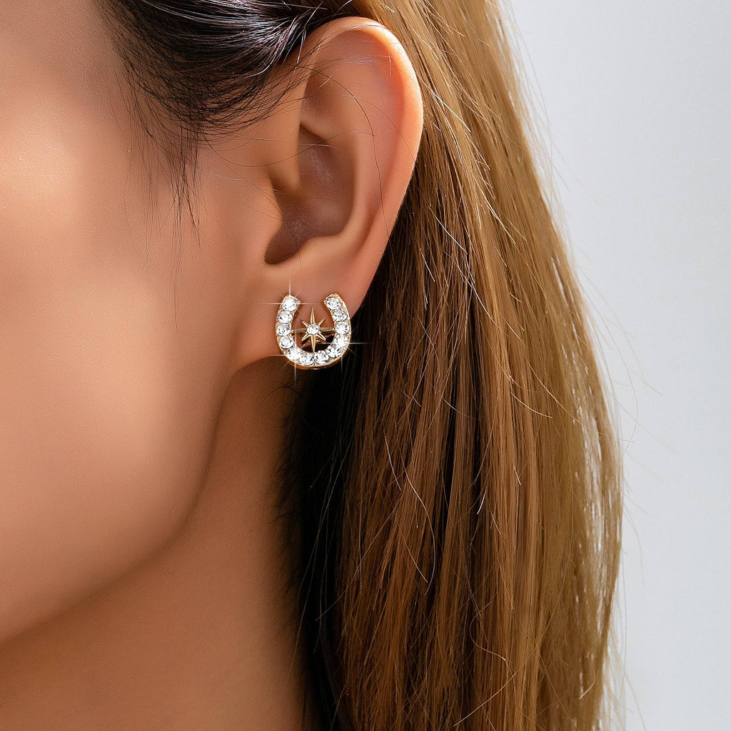 Pave Crystal Horseshoe Star Stud Earrings | 80E62350