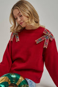 CHRISTMAS HOLIDAY SWEATER TOP WITH BOW APPLIQUES_JLT00420-01