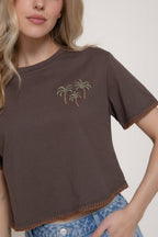Short Sleeve Round Neck Embroidery Detail Cotton Jersey Top
