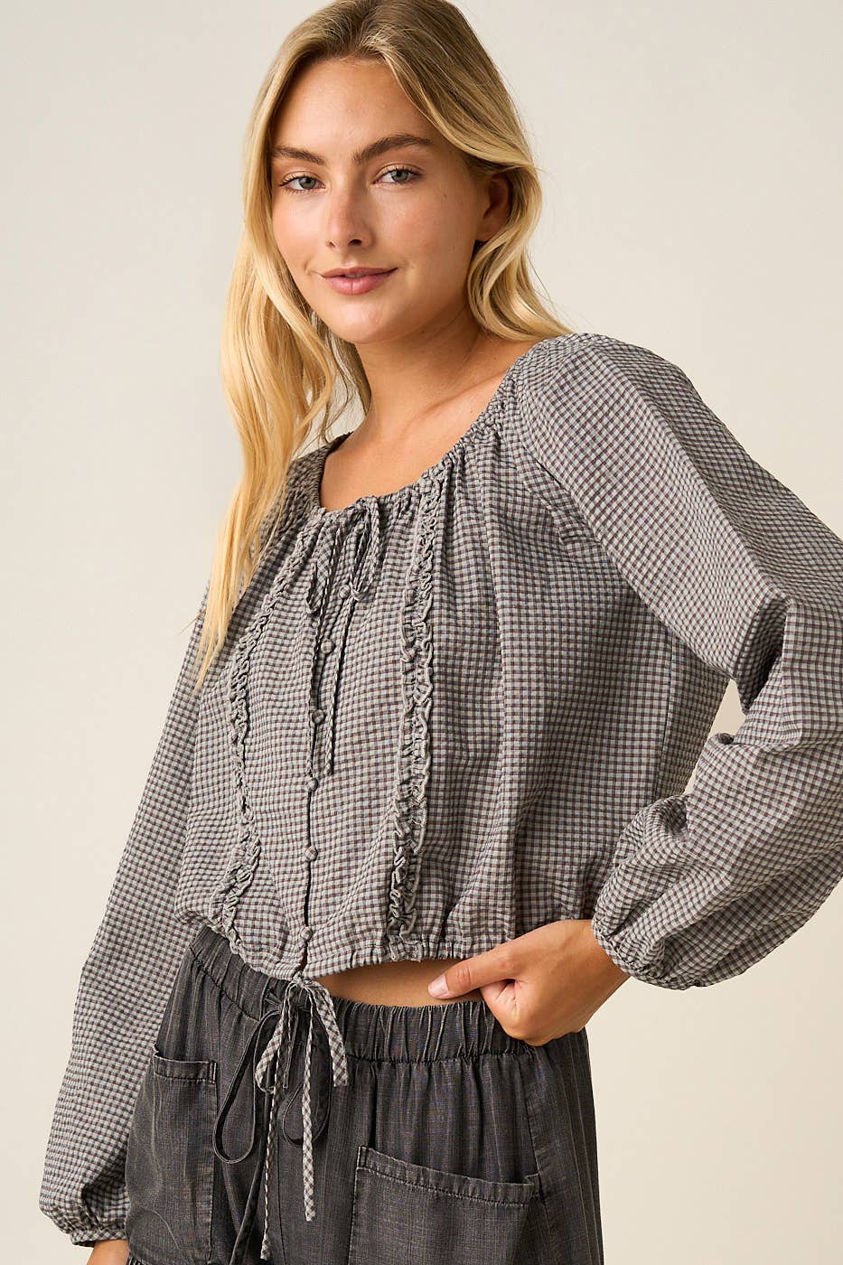 CHECKERED RUFFLE TRIM TIE FRONT LONG SLEEVE TOP