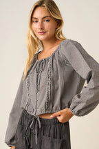 CHECKERED RUFFLE TRIM TIE FRONT LONG SLEEVE TOP