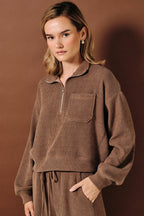 STAND COLLAR LONG SLEEVE PATCH POCKET HALF ZIP PULLOVER TOP