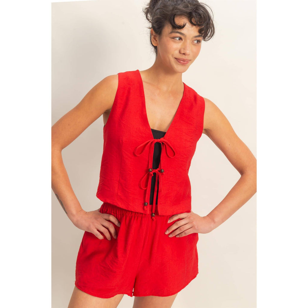 Sleeveless Tie-Front Vest And Elastic Waist Shorts Set