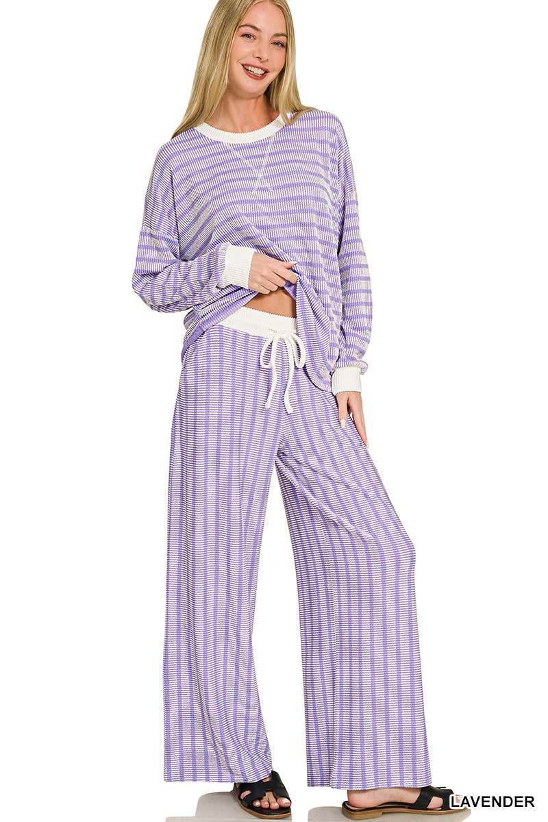 Raised Rib Striped Pullover & Pants 2PC Set
