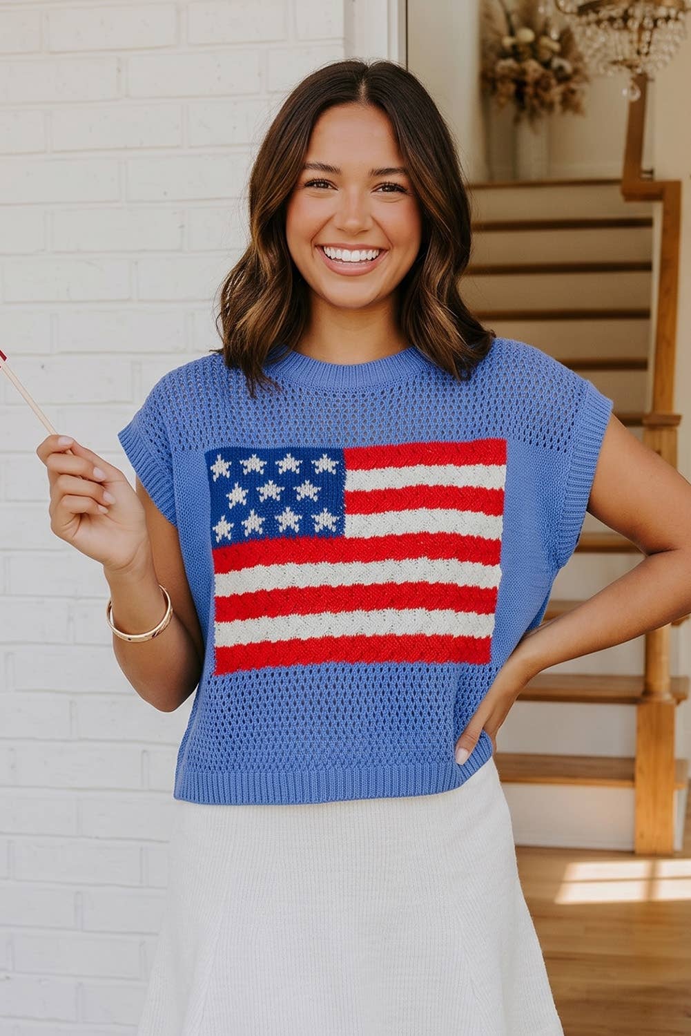 LAS Flag Graphic Short Sleeve Sweater Top (S-XL)