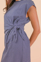ND31733-Stripe Knit Sleeveless Mini Dress W/ Tie Detail
