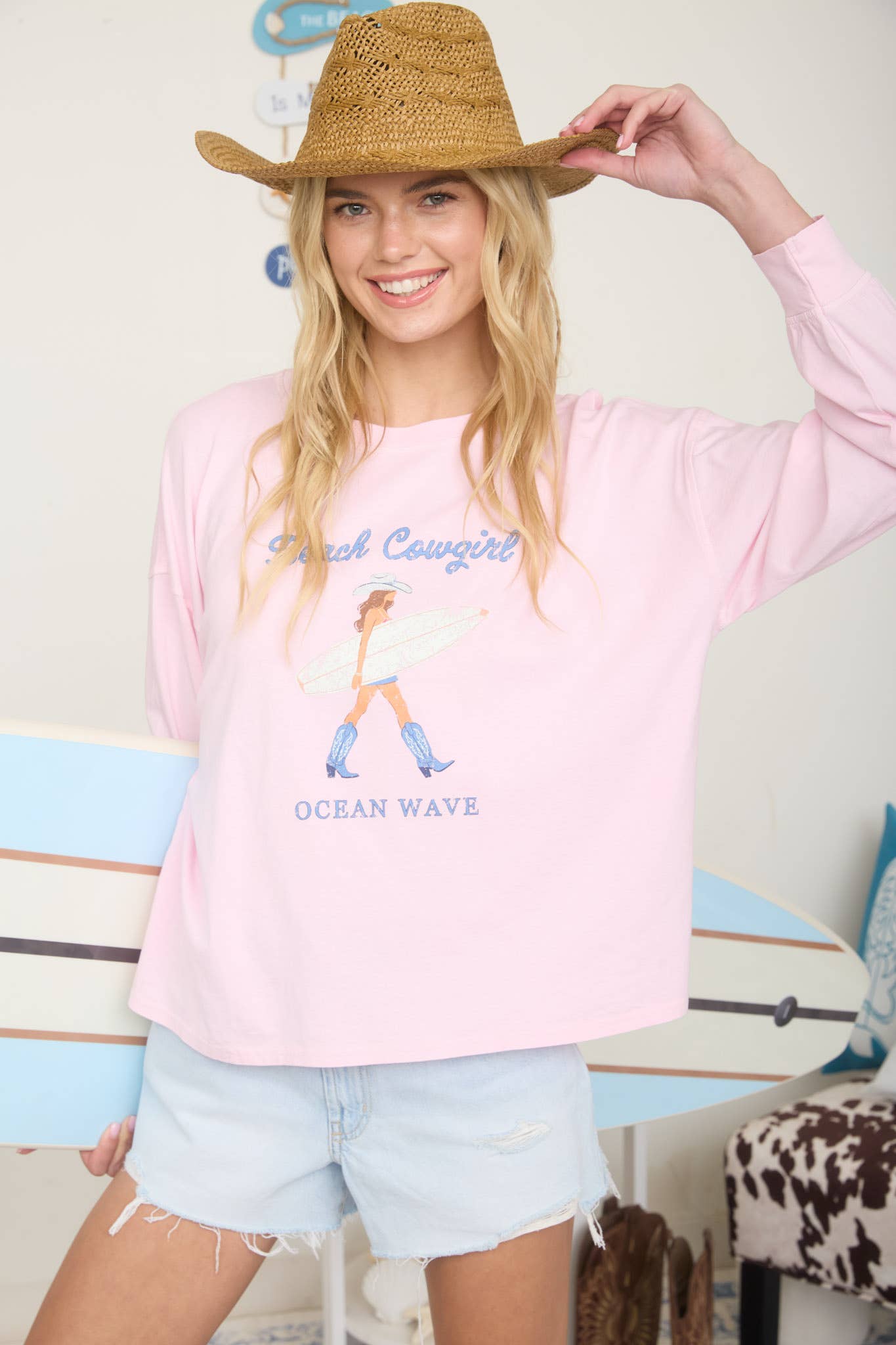 BEACH COWGIRL LONG SLEEVE KNIT TOP: LIGHT PINK