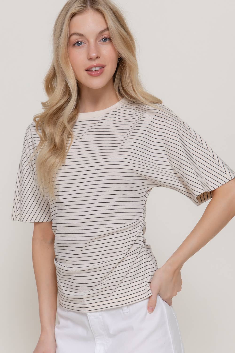 Short Dolman Sleeve Defined Silhouette Stripe Knit Top