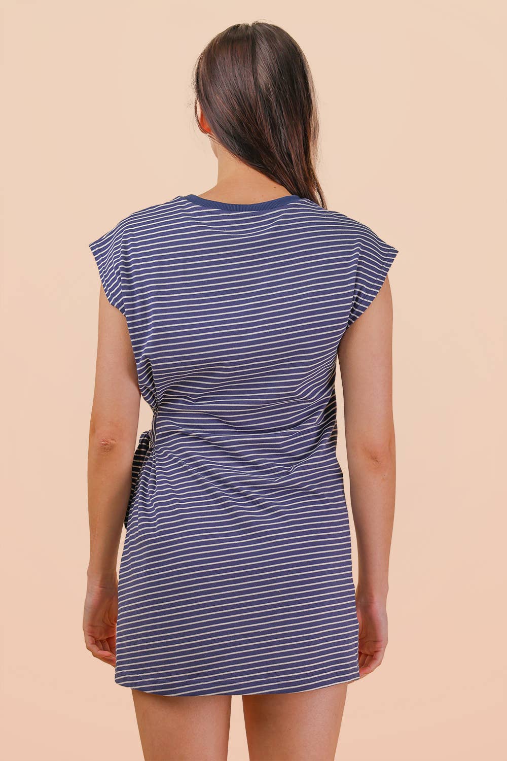 ND31733-Stripe Knit Sleeveless Mini Dress W/ Tie Detail