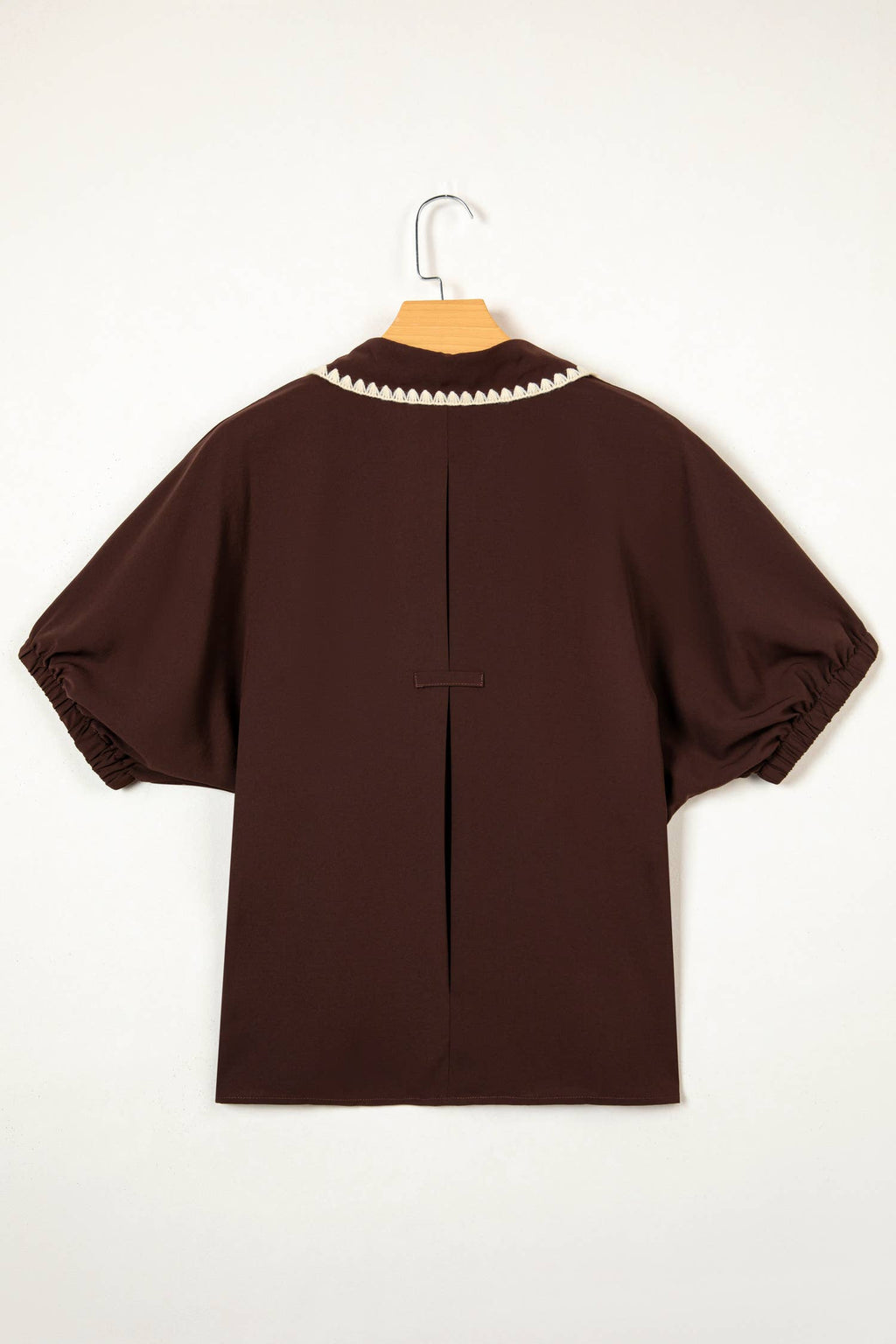 LAS Collar Contrast Trim Button Bubble Sleeve Blouse (S-XL)