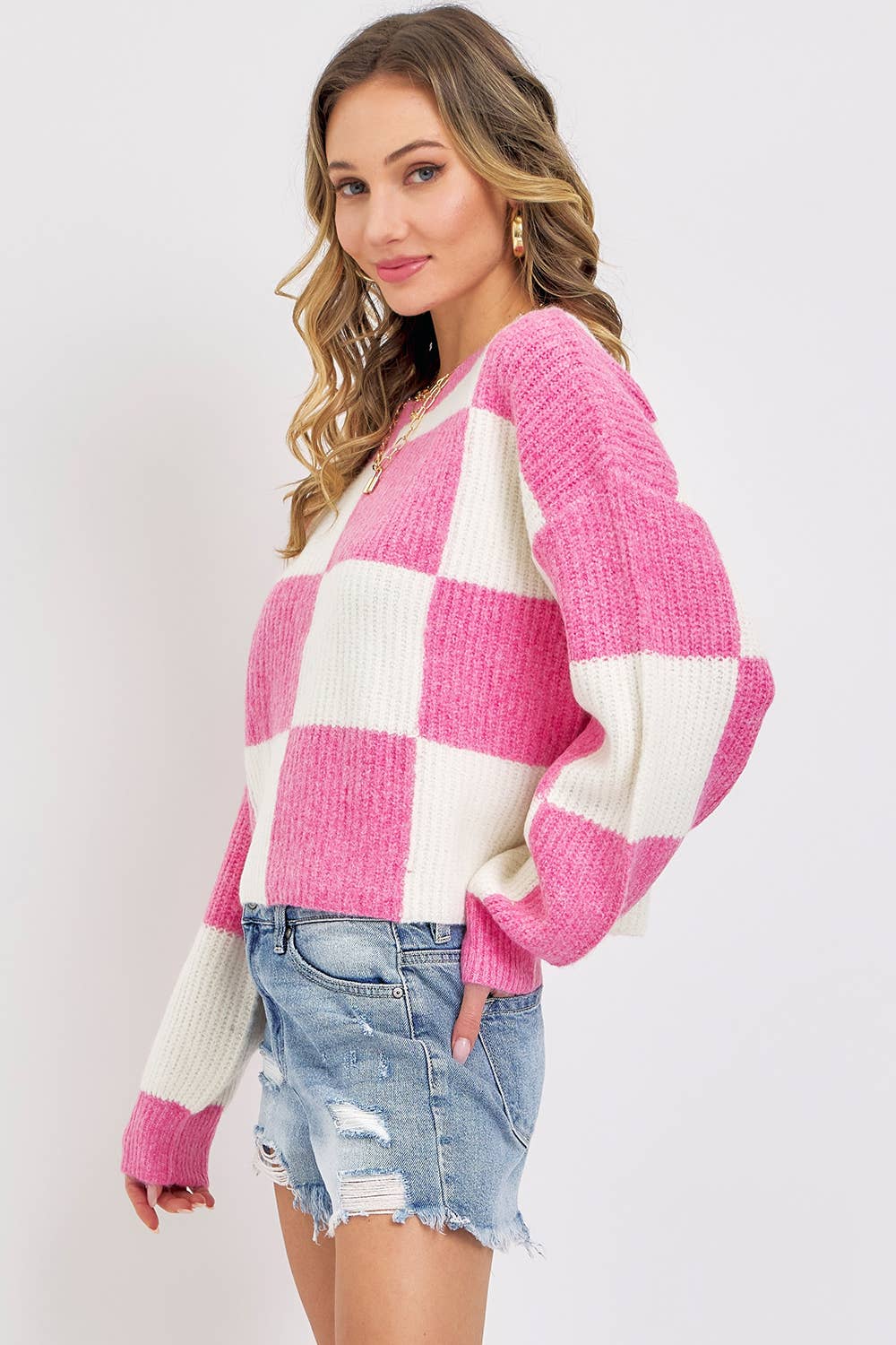 CASUAL SOFT COZY  RELAXED FIT CHECKER KNIT SWEATER