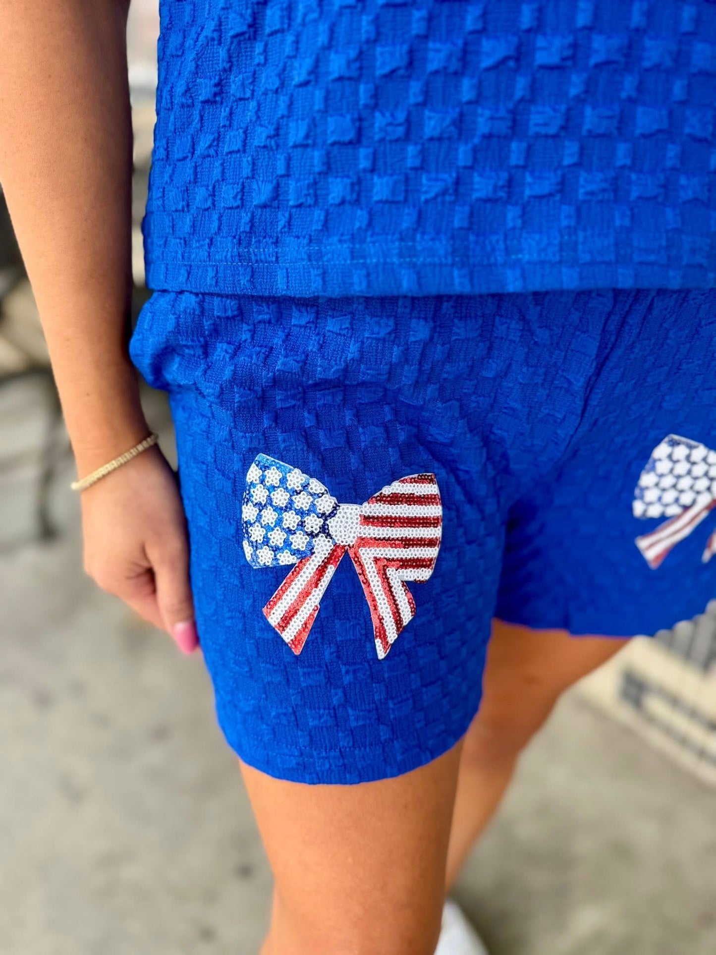 Sequined USA Bowknot Textured Short Set | S-XL