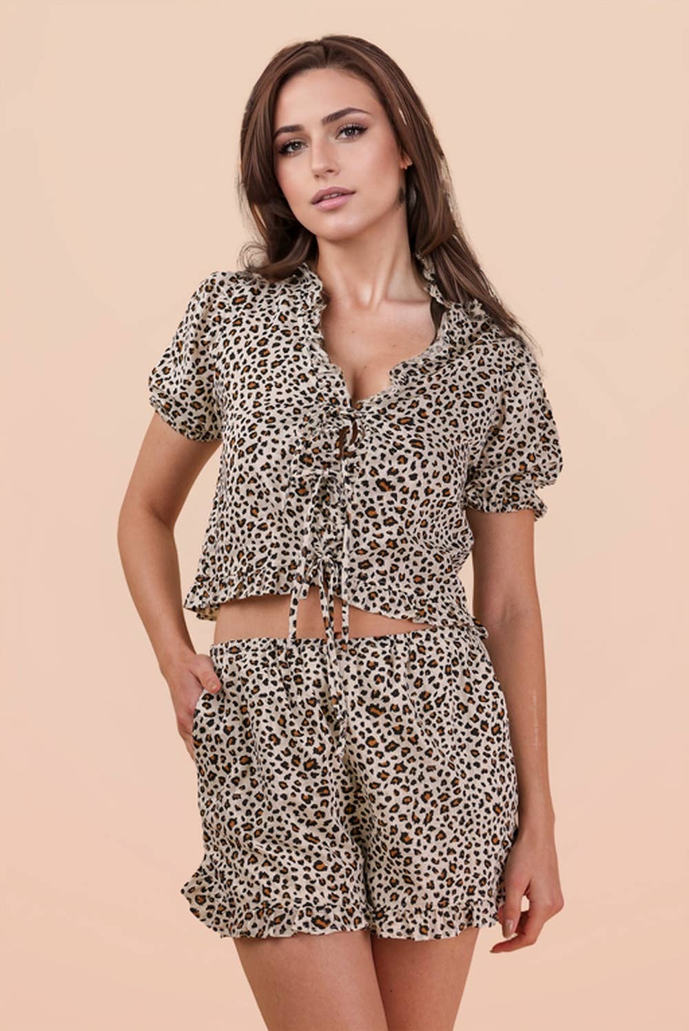 NT12066SET-Leopard Printed Woven Top & Shorts Set